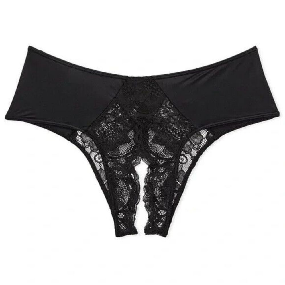 Victoria's Secret Very Sexy Black Crotchless Lace-Trim Cheeky Panty XL NEW